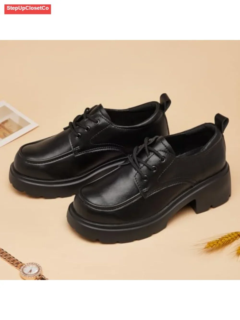 Women's Oxford Shoes Platform Chunky Loafers Lace Up Leather Business Work